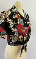 1940s tie blouse - black  anthurium
