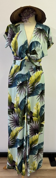 1940s lounge pants & tie top -palm leaf aqua