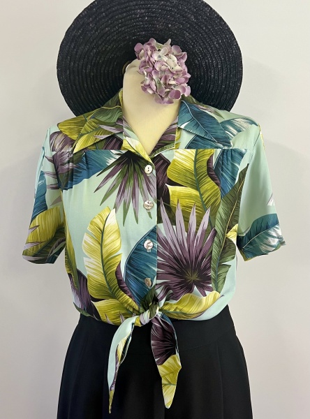 1940s tie blouse -  palm leaf aqua
