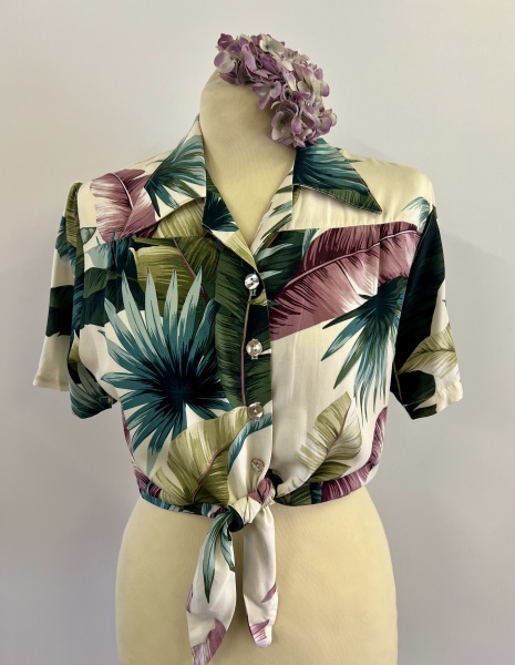1940s tie blouse -  palm leaf cream
