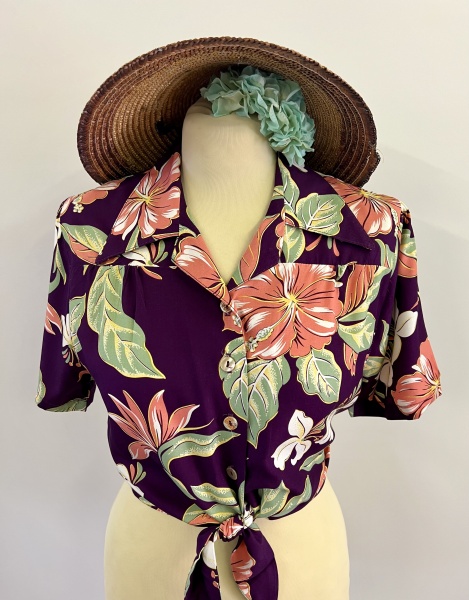 1940s tie blouse -  purple hibiscus
